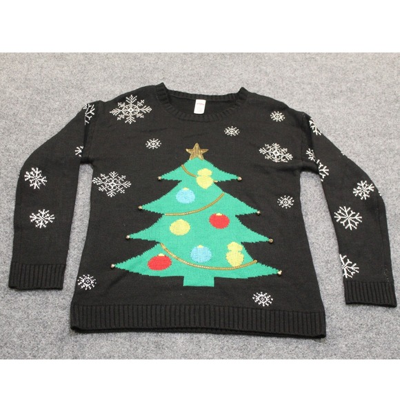 Holiday Time Christmas Tree Snowflake Ugly Christmas Sweater Black L/G - Picture 3 of 7